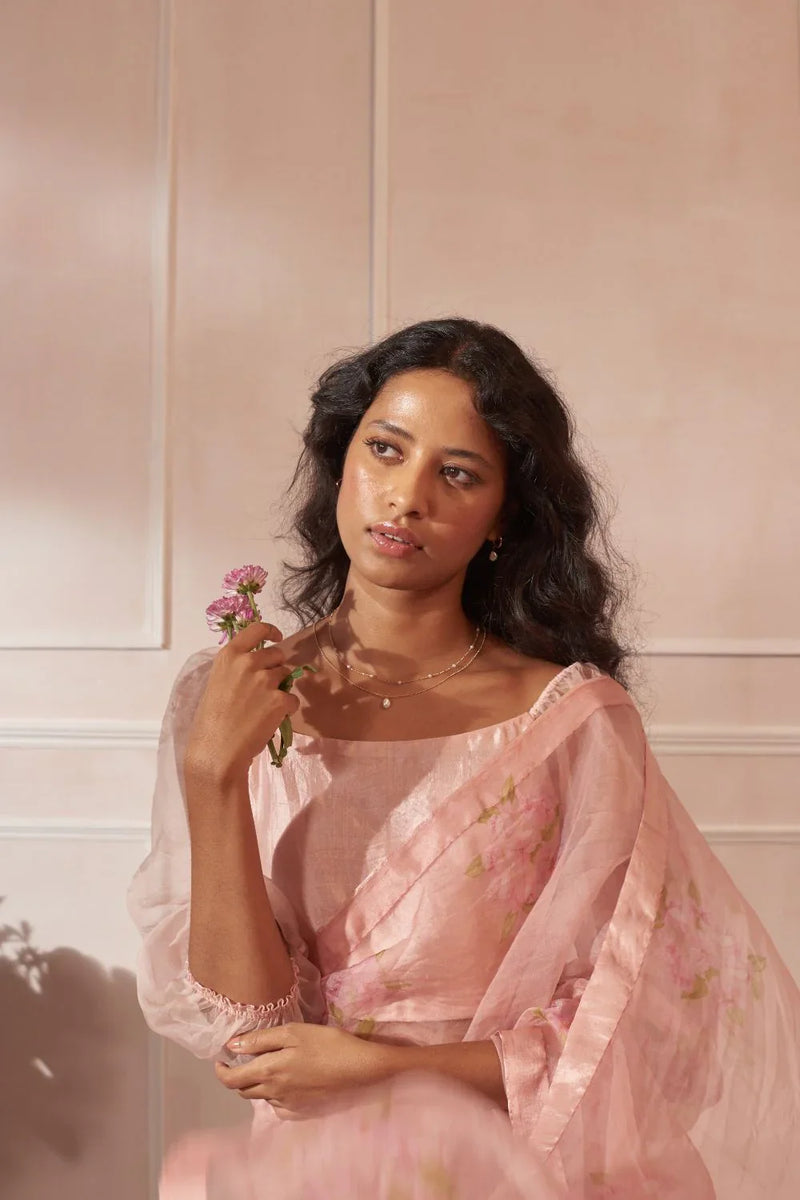 Half Mulberry Silk Half Organza Bougainvillea Sari silk by Nadiya Paar in pink color for women Worldwide