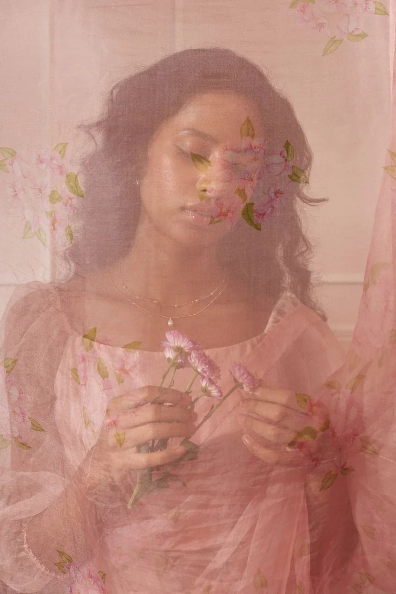 Half Mulberry Silk Half Organza Bougainvillea Sari silk by Nadiya Paar in pink color for women Worldwide