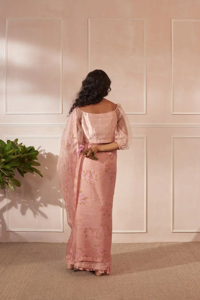 Half Mulberry Silk Half Organza Bougainvillea Sari silk by Nadiya Paar in pink color for women Worldwide