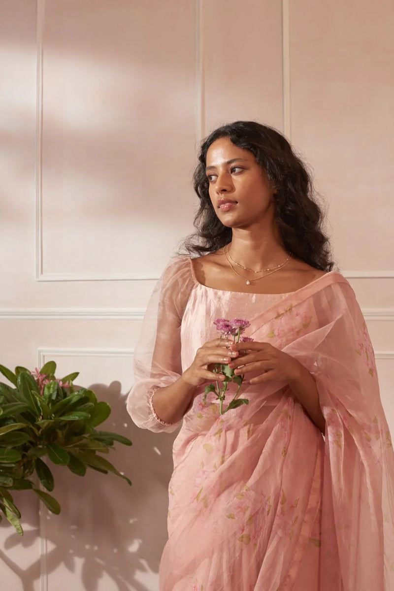 Half Mulberry Silk Half Organza Bougainvillea Sari silk by Nadiya Paar in pink color for women Worldwide