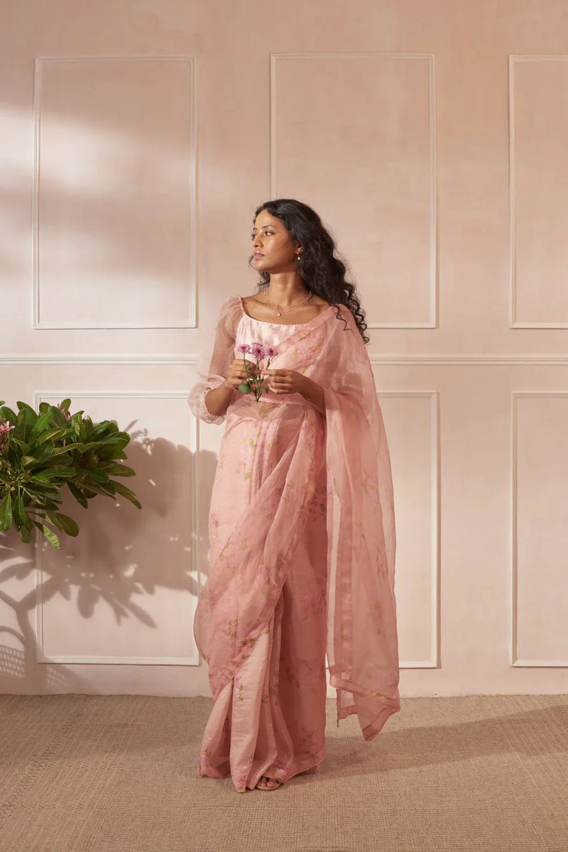 Half Mulberry Silk Half Organza Bougainvillea Sari silk by Nadiya Paar in pink color for women Worldwide