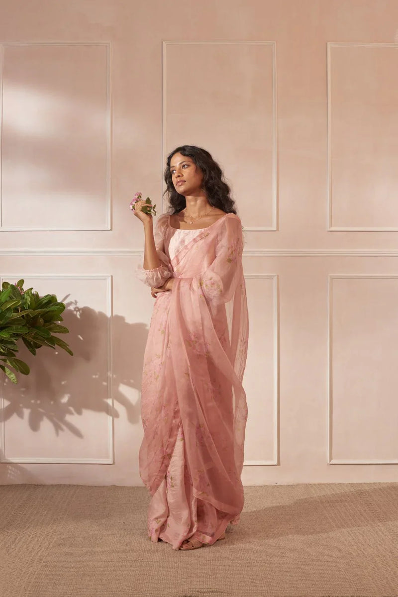 Half Mulberry Silk Half Organza Bougainvillea Sari silk by Nadiya Paar in pink color for women Worldwide