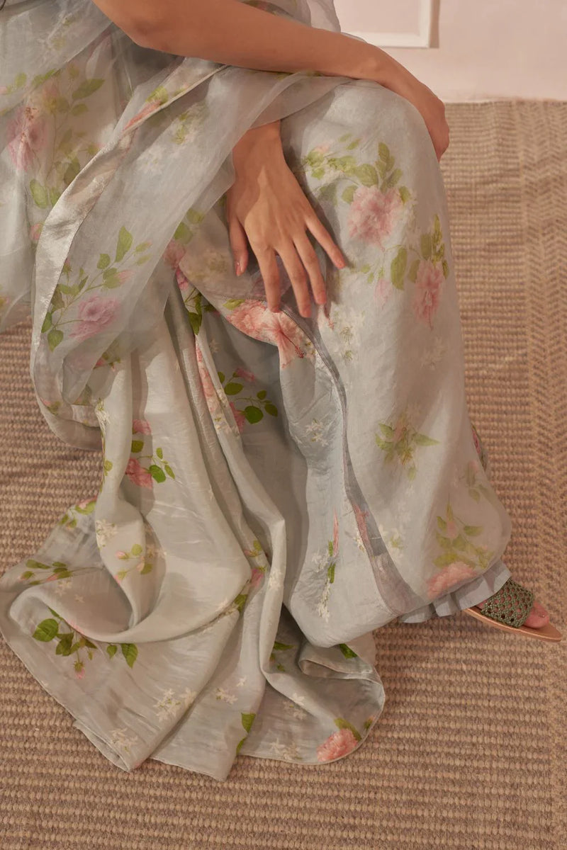 Half Mulberry Silk Half Organza Hibiscus Sari silk by Nadiya Paar in green color for women Worldwide
