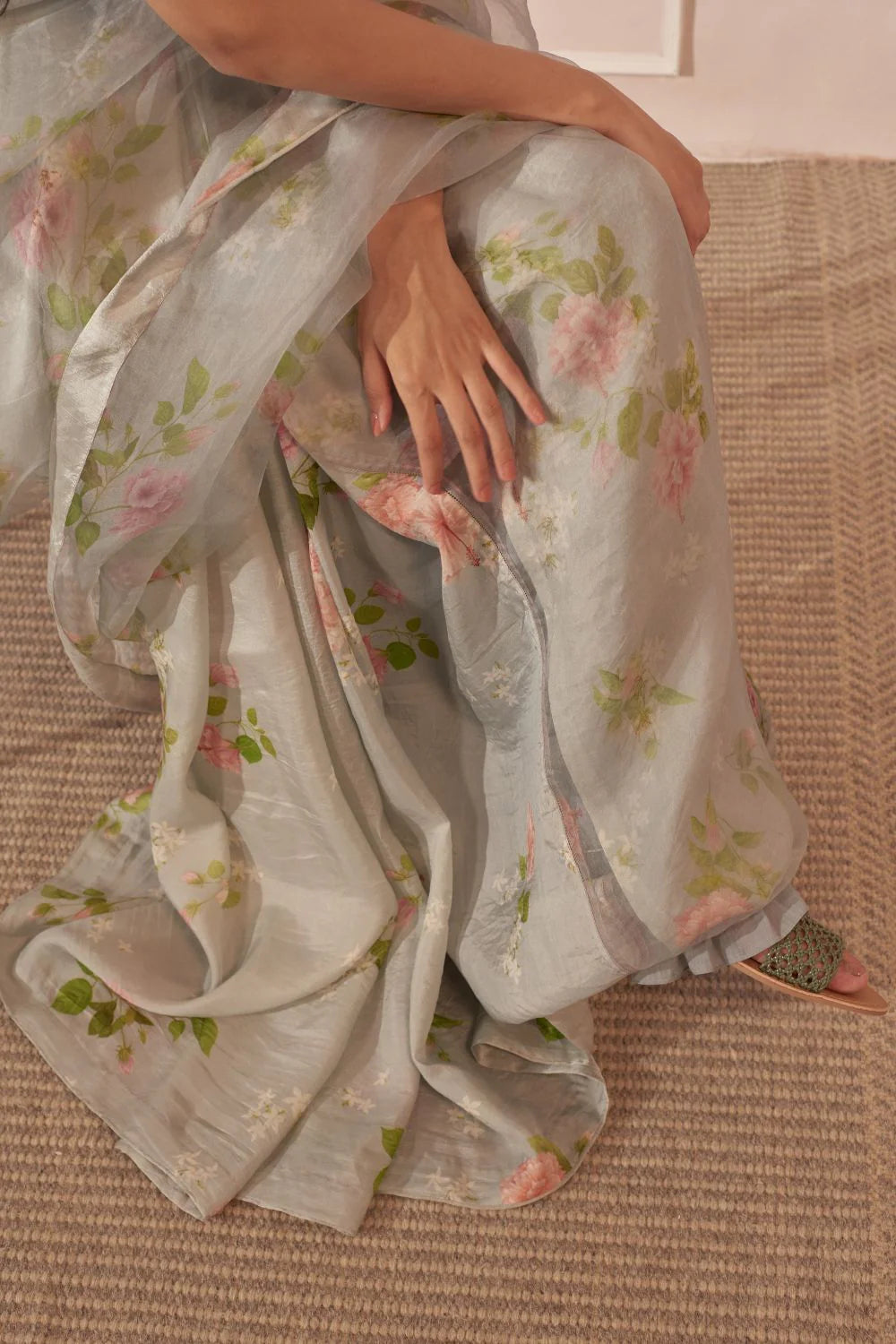 Half Mulberry Silk Half Organza Hibiscus Sari