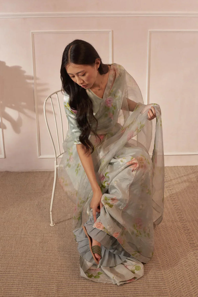 Half Mulberry Silk Half Organza Hibiscus Sari silk by Nadiya Paar in green color for women Worldwide