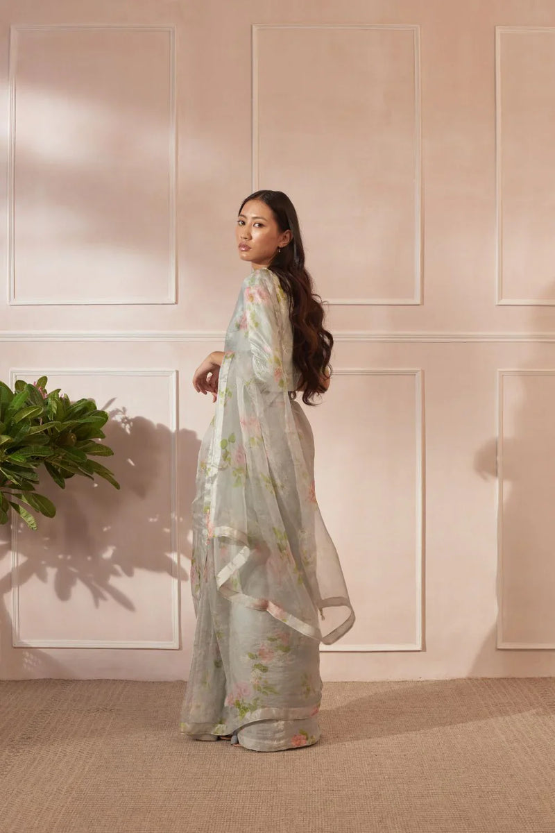 Half Mulberry Silk Half Organza Hibiscus Sari silk by Nadiya Paar in green color for women Worldwide