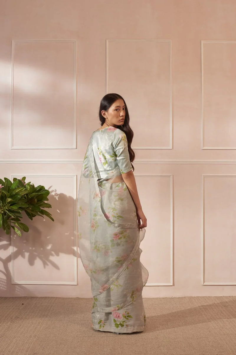 Half Mulberry Silk Half Organza Hibiscus Sari silk by Nadiya Paar in green color for women Worldwide