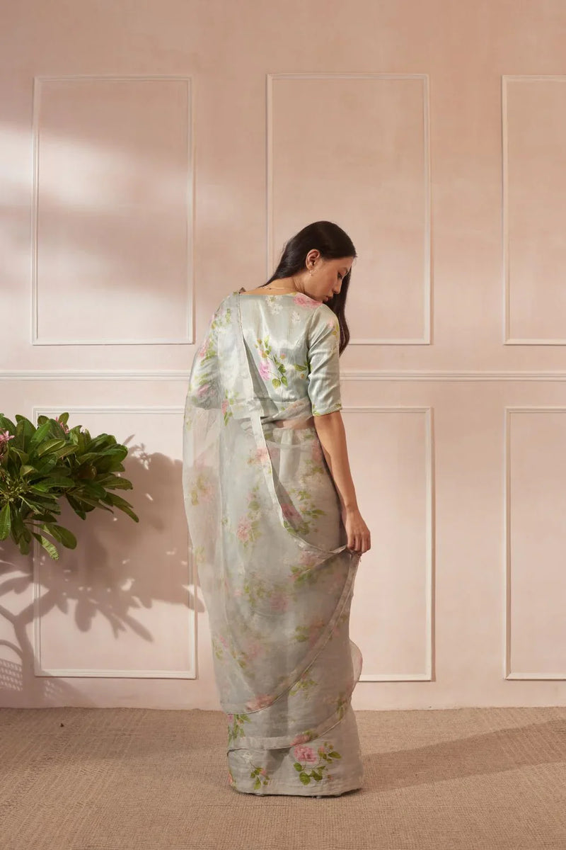 Half Mulberry Silk Half Organza Hibiscus Sari silk by Nadiya Paar in green color for women Worldwide