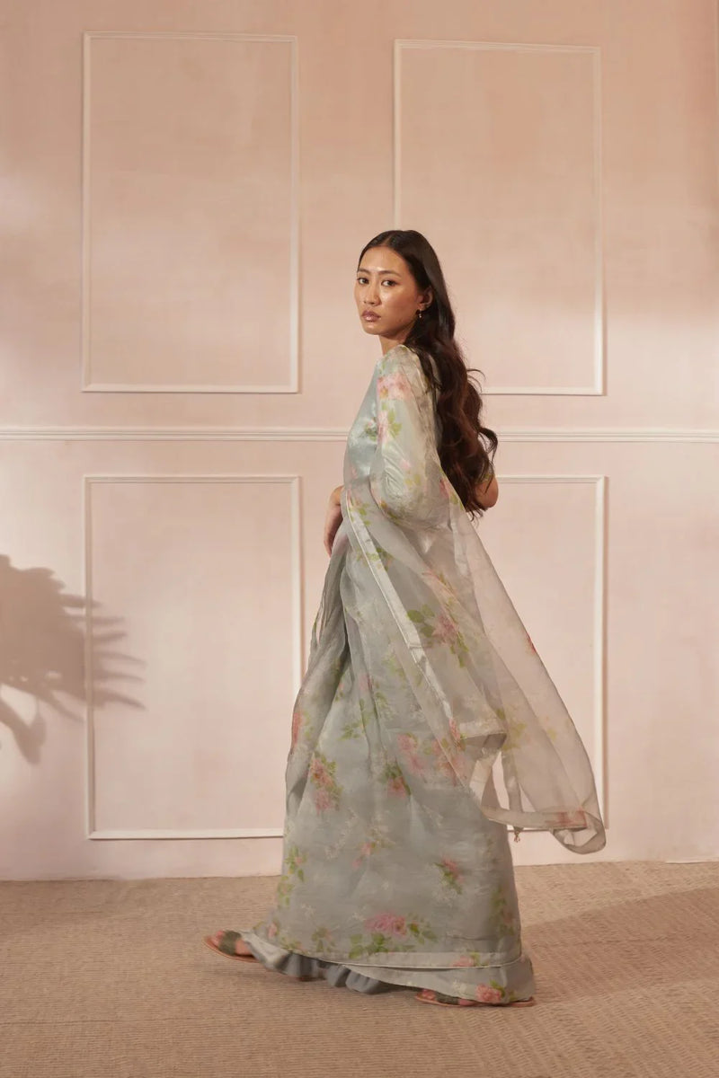 Half Mulberry Silk Half Organza Hibiscus Sari silk by Nadiya Paar in green color for women Worldwide