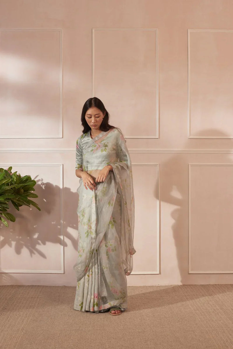 Half Mulberry Silk Half Organza Hibiscus Sari silk by Nadiya Paar in green color for women Worldwide