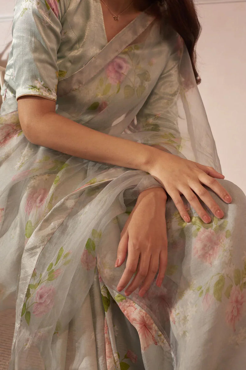 Half Mulberry Silk Half Organza Hibiscus Sari silk by Nadiya Paar in green color for women Worldwide