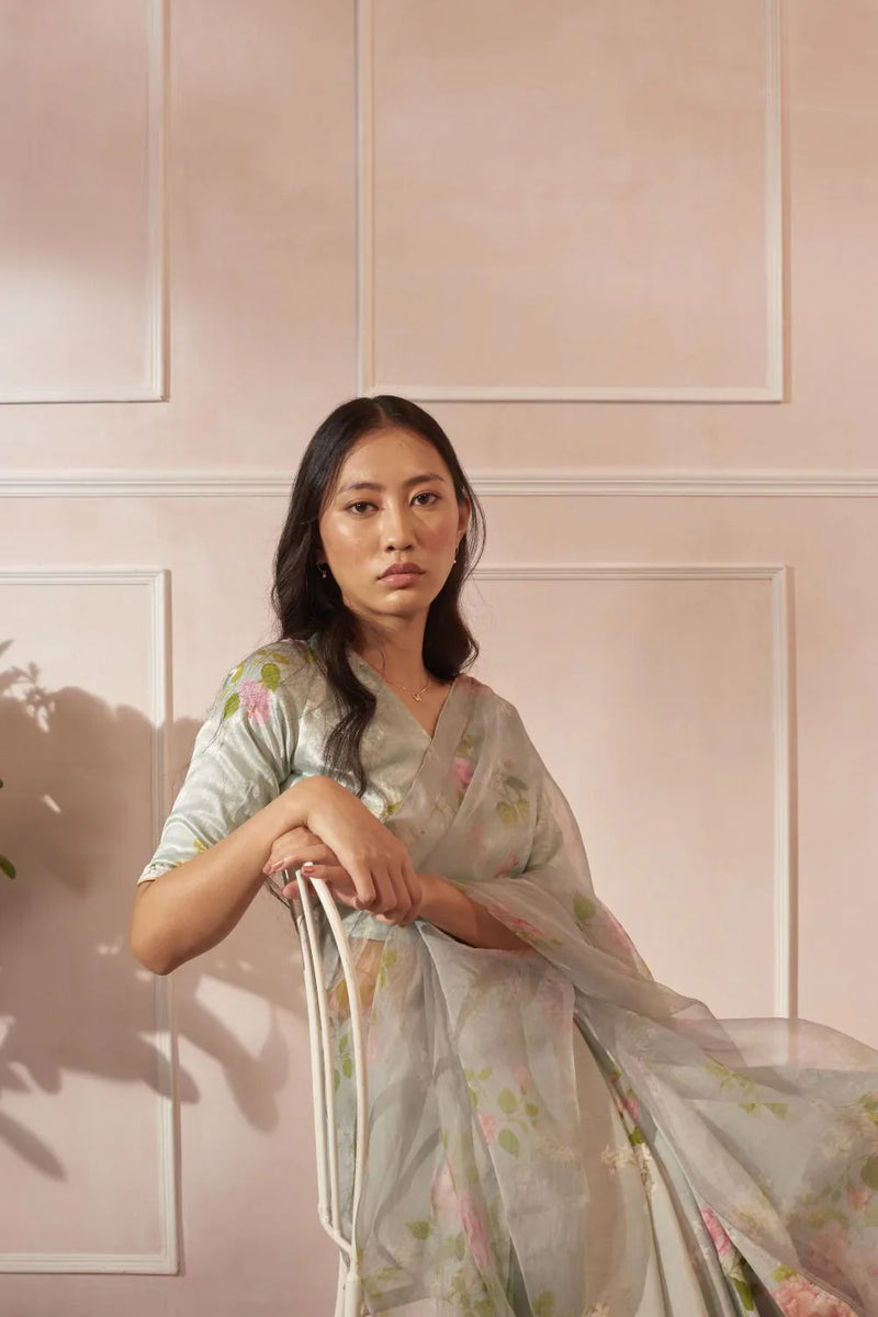 Half Mulberry Silk Half Organza Hibiscus Sari silk by Nadiya Paar in green color for women Worldwide