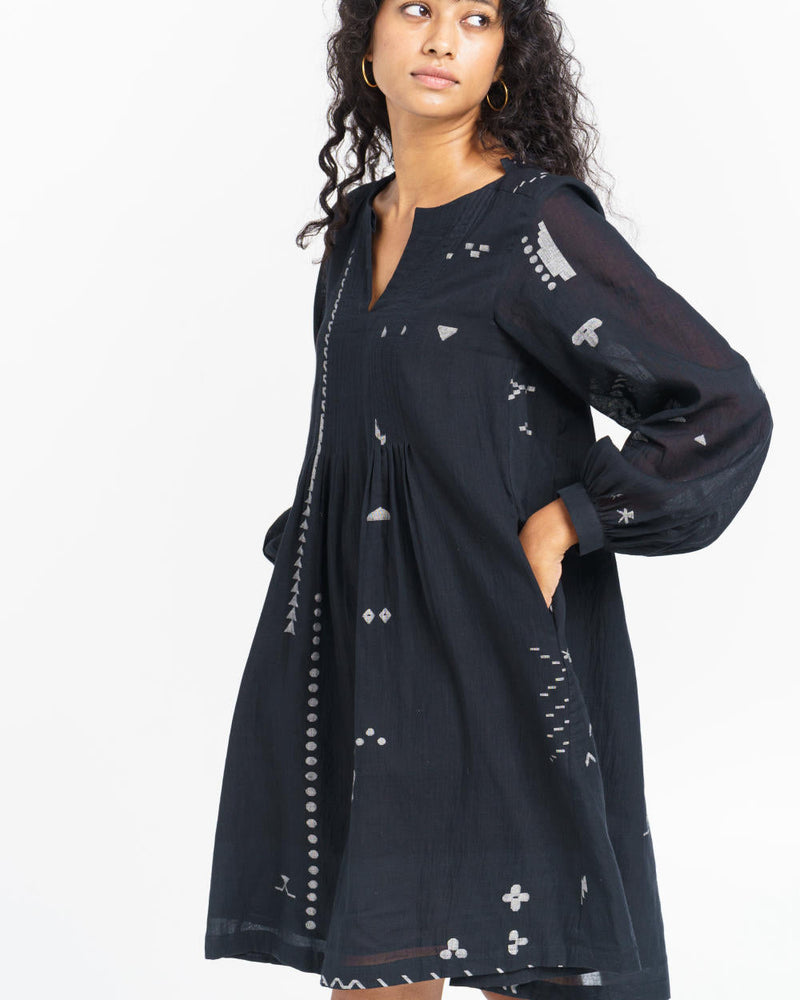 Hand-detailed relaxed short dress Dress by World of Crow in black color for women Worldwide