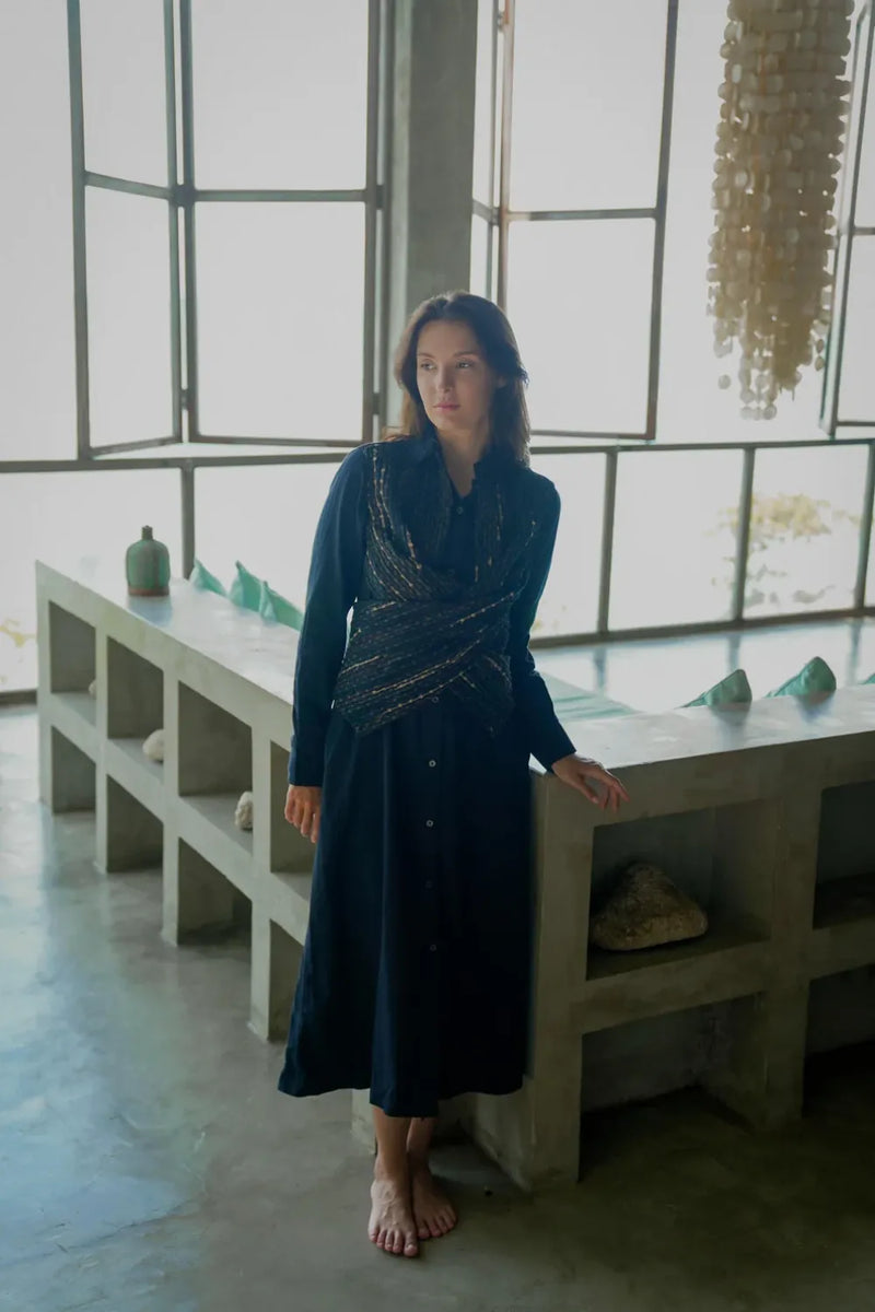Handwoven Seattle Wrap Long Dress - Black Green cotton by The Terra Tribe for women Worldwide