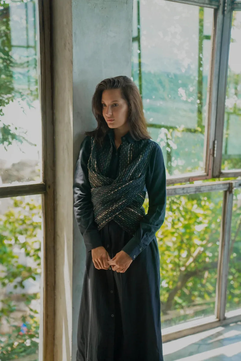 Handwoven Seattle Wrap Long Dress - Black Green cotton by The Terra Tribe for women Worldwide