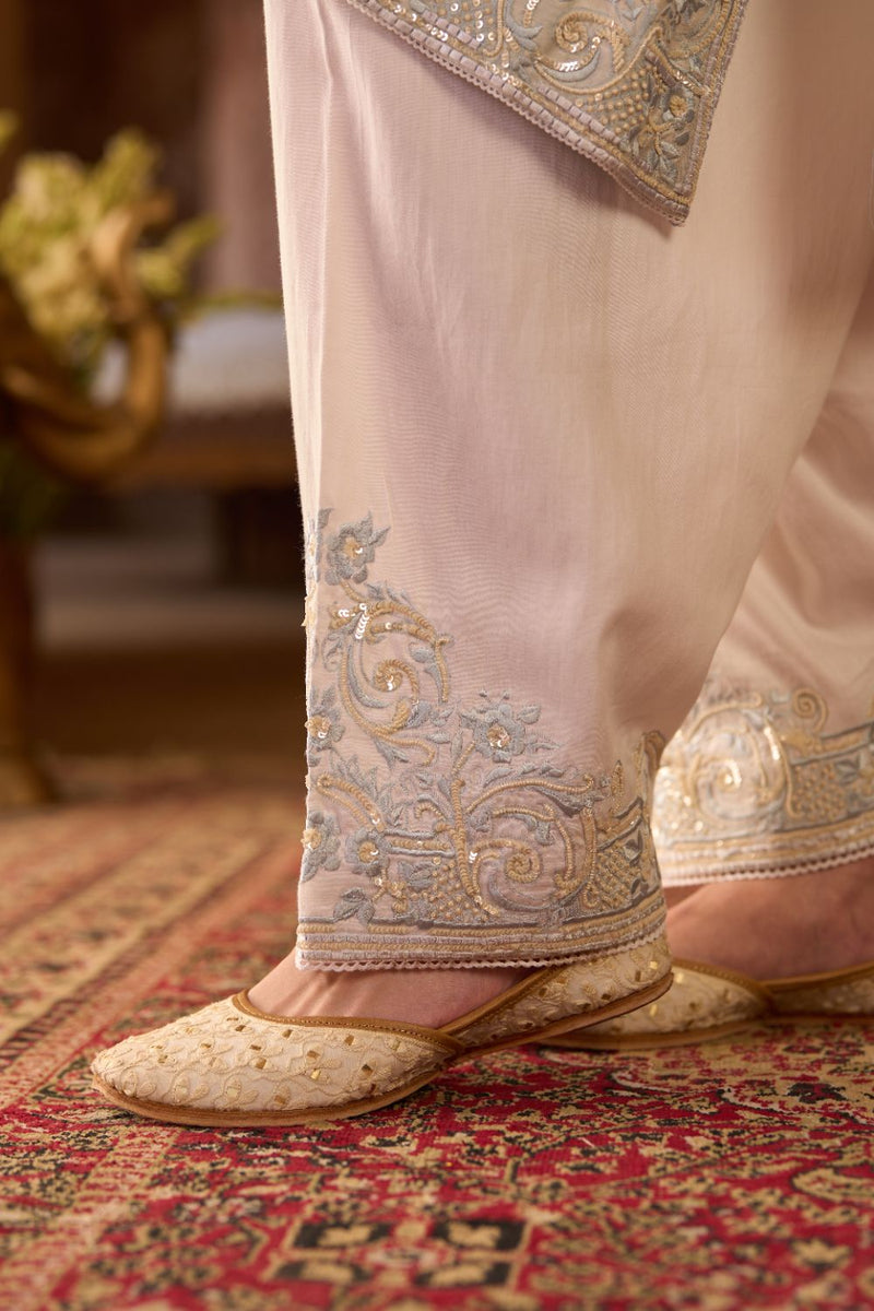 HANI - DAISY IVORY WITH BLUE A-LINE KURTA WITH SALWAR AND DUPATTA silk organza kurta/kurta set by SHEETAL BATRA in daisy ivory with blue for women Worldwide