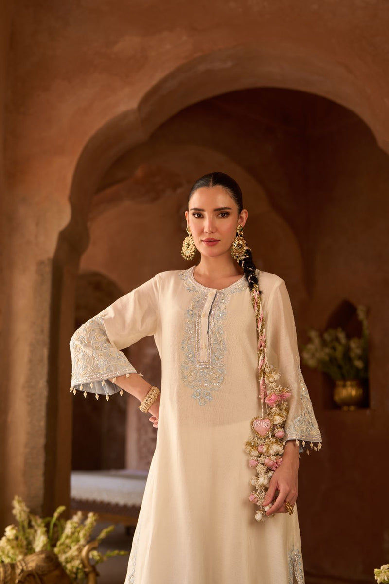 HANI - DAISY IVORY WITH BLUE A-LINE KURTA WITH SALWAR AND DUPATTA silk organza kurta/kurta set by SHEETAL BATRA in daisy ivory with blue for women Worldwide
