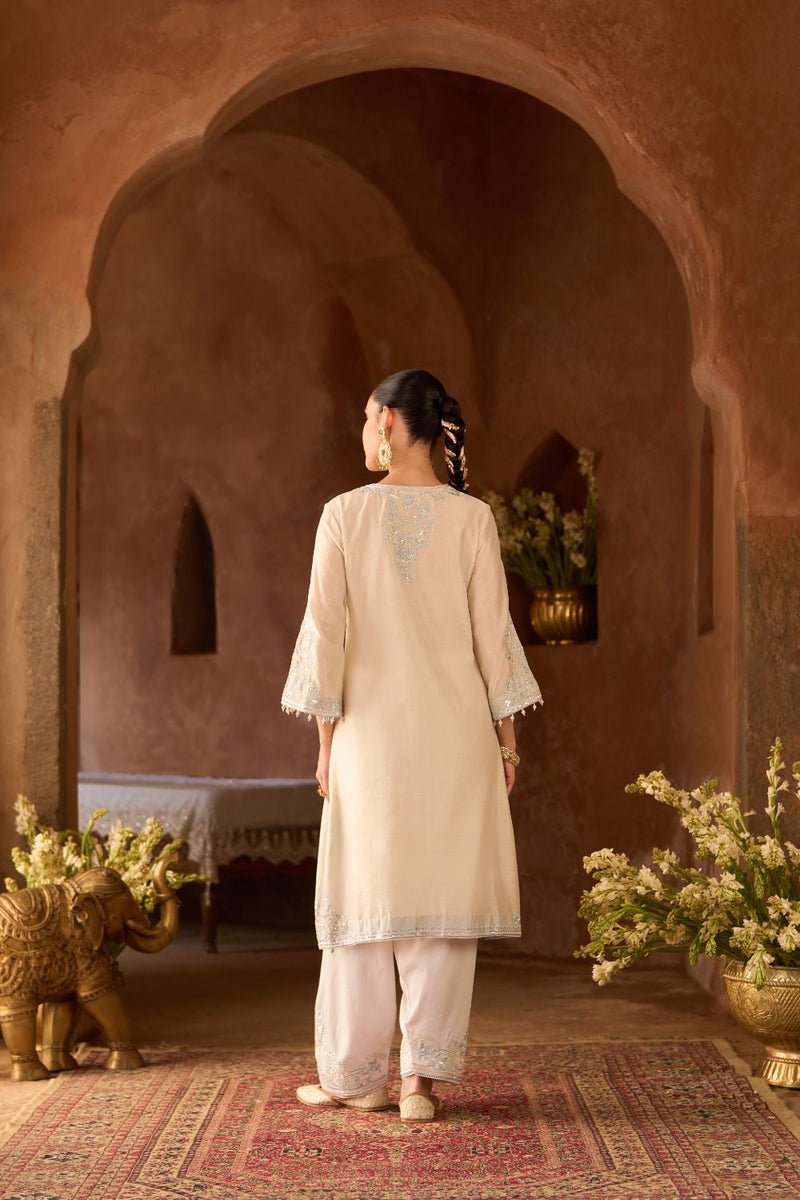 HANI - DAISY IVORY WITH BLUE A-LINE KURTA WITH SALWAR AND DUPATTA silk organza kurta/kurta set by SHEETAL BATRA in daisy ivory with blue for women Worldwide