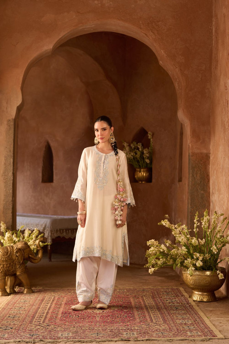 HANI - DAISY IVORY WITH BLUE A-LINE KURTA WITH SALWAR AND DUPATTA silk organza kurta/kurta set by SHEETAL BATRA in daisy ivory with blue for women Worldwide