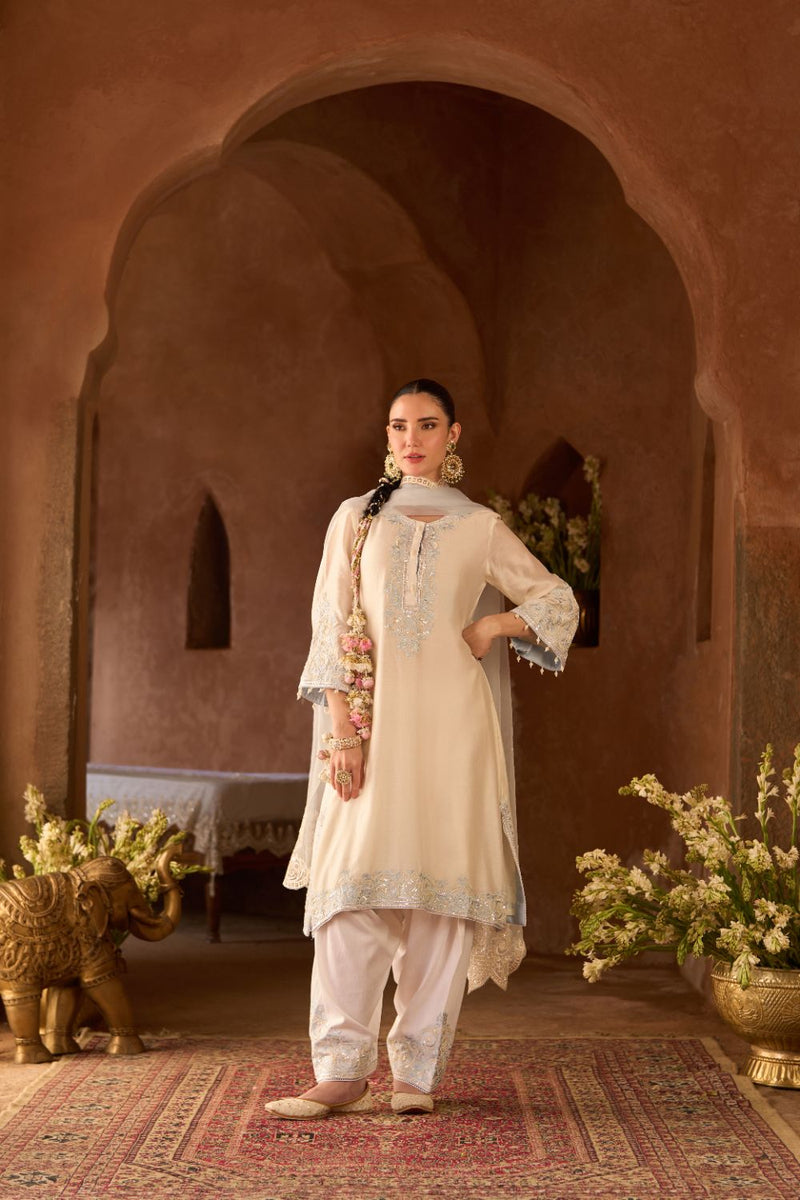 HANI - DAISY IVORY WITH BLUE A-LINE KURTA WITH SALWAR AND DUPATTA silk organza kurta/kurta set by SHEETAL BATRA in daisy ivory with blue for women Worldwide