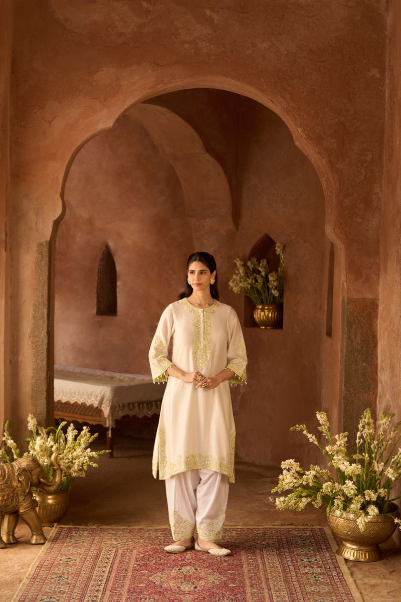 HANI - DAISY IVORY WITH MINT GREEN A-LINE KURTA WITH SALWAR AND DUPATTA silk organza kurta/kurta set by SHEETAL BATRA in daisy ivory with mint green for women Worldwide