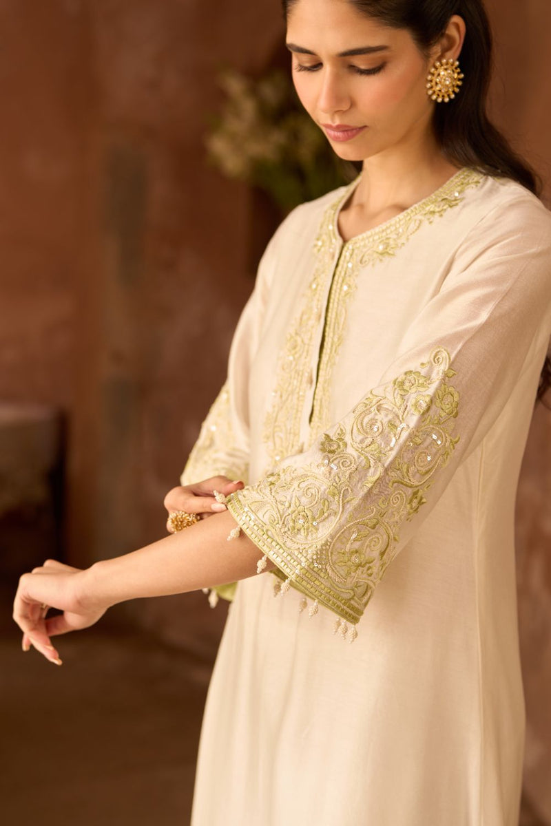 HANI - DAISY IVORY WITH MINT GREEN A-LINE KURTA WITH SALWAR AND DUPATTA silk organza kurta/kurta set by SHEETAL BATRA in daisy ivory with mint green for women Worldwide