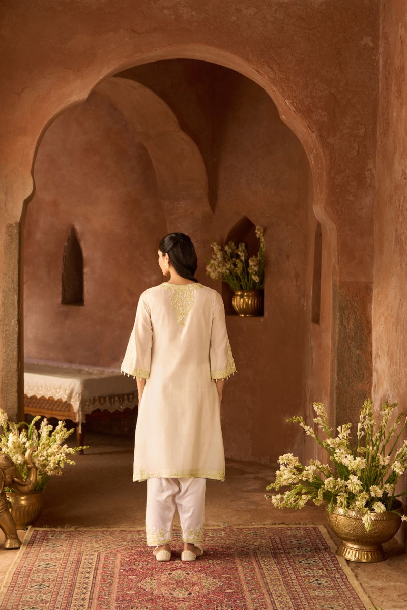 HANI - DAISY IVORY WITH MINT GREEN A-LINE KURTA WITH SALWAR AND DUPATTA silk organza kurta/kurta set by SHEETAL BATRA in daisy ivory with mint green for women Worldwide