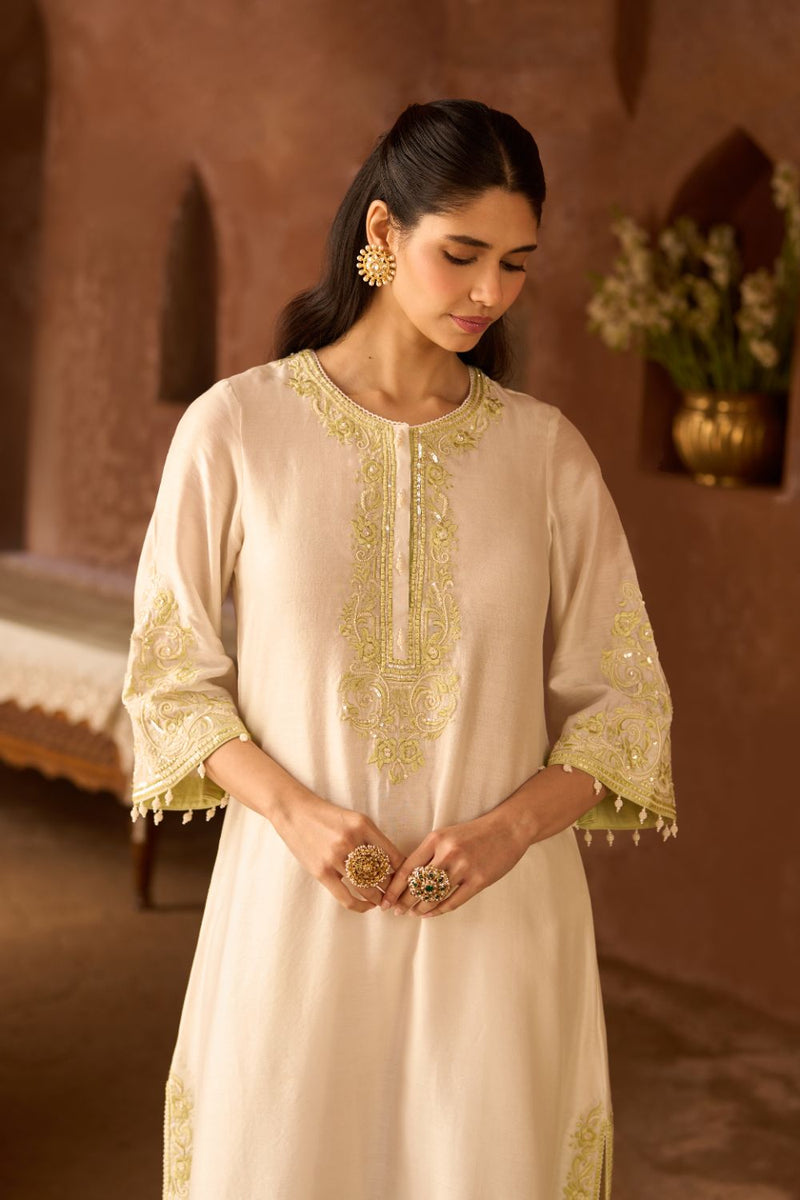 HANI - DAISY IVORY WITH MINT GREEN A-LINE KURTA WITH SALWAR AND DUPATTA silk organza kurta/kurta set by SHEETAL BATRA in daisy ivory with mint green for women Worldwide