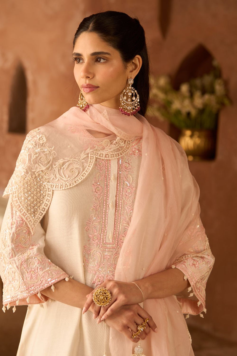 HANI - DAISY IVORY WITH PINK A-LINE KURTA WITH SALWAR AND DUPATTA silk organza kurta/kurta set by SHEETAL BATRA in daisy ivory with pink for women Worldwide