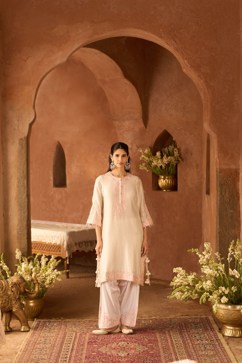 HANI - DAISY IVORY WITH PINK A-LINE KURTA WITH SALWAR AND DUPATTA silk organza kurta/kurta set by SHEETAL BATRA in daisy ivory with pink for women Worldwide