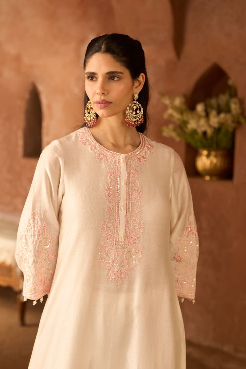 HANI - DAISY IVORY WITH PINK A-LINE KURTA WITH SALWAR AND DUPATTA silk organza kurta/kurta set by SHEETAL BATRA in daisy ivory with pink for women Worldwide