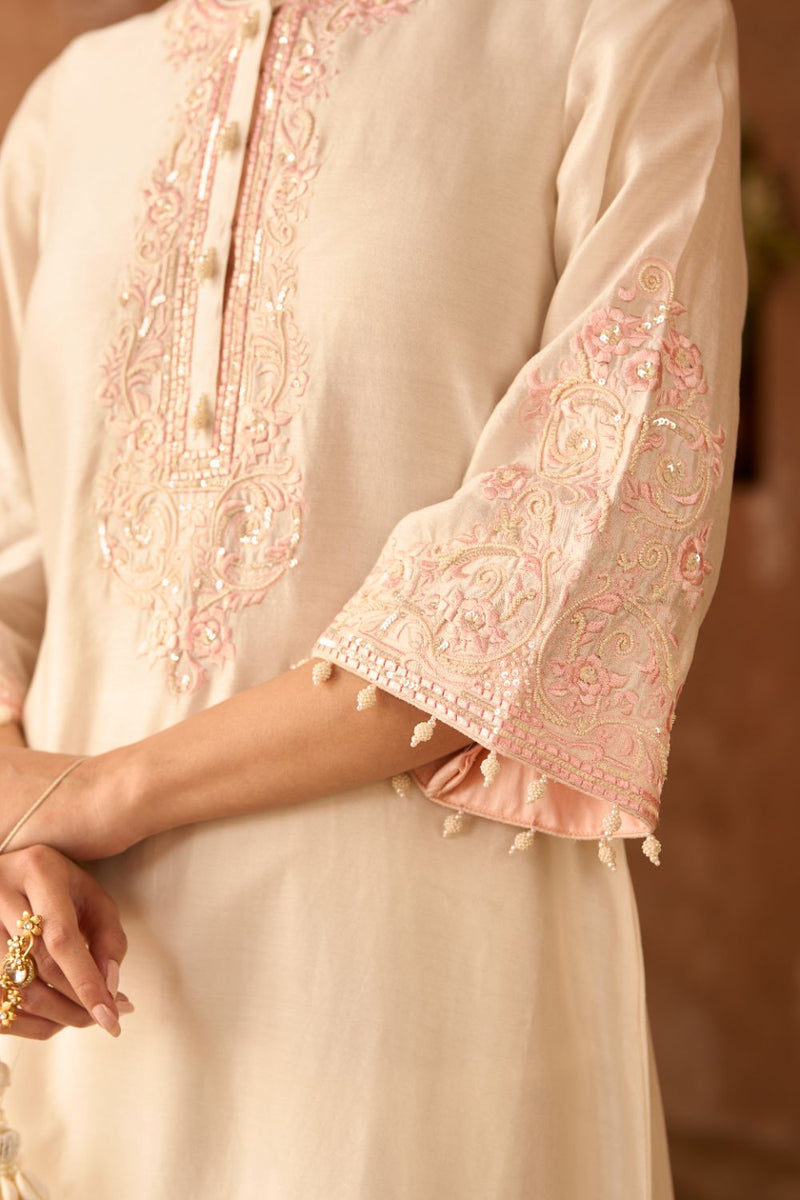 HANI - DAISY IVORY WITH PINK A-LINE KURTA WITH SALWAR AND DUPATTA silk organza kurta/kurta set by SHEETAL BATRA in daisy ivory with pink for women Worldwide