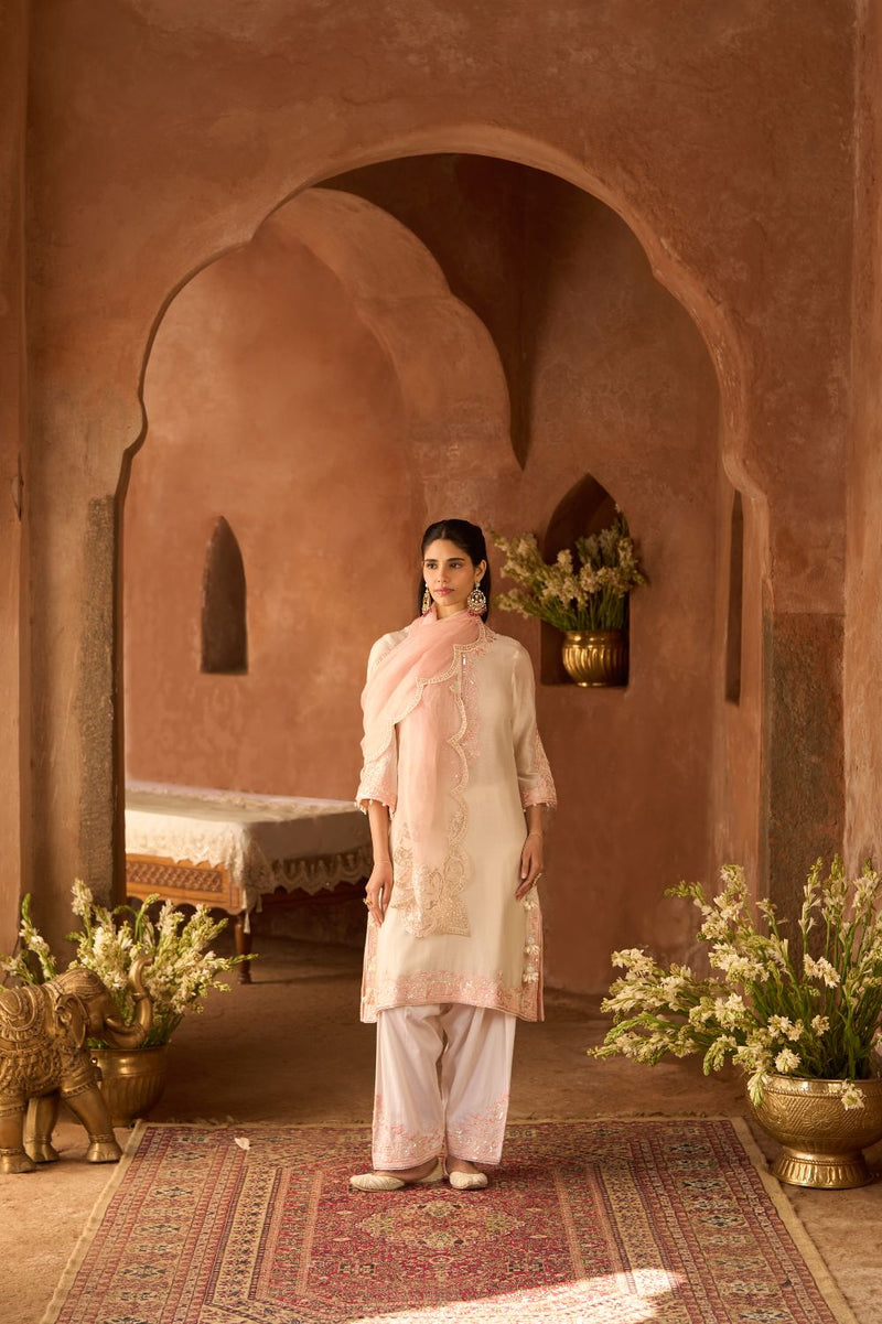HANI - DAISY IVORY WITH PINK A-LINE KURTA WITH SALWAR AND DUPATTA silk organza kurta/kurta set by SHEETAL BATRA in daisy ivory with pink for women Worldwide