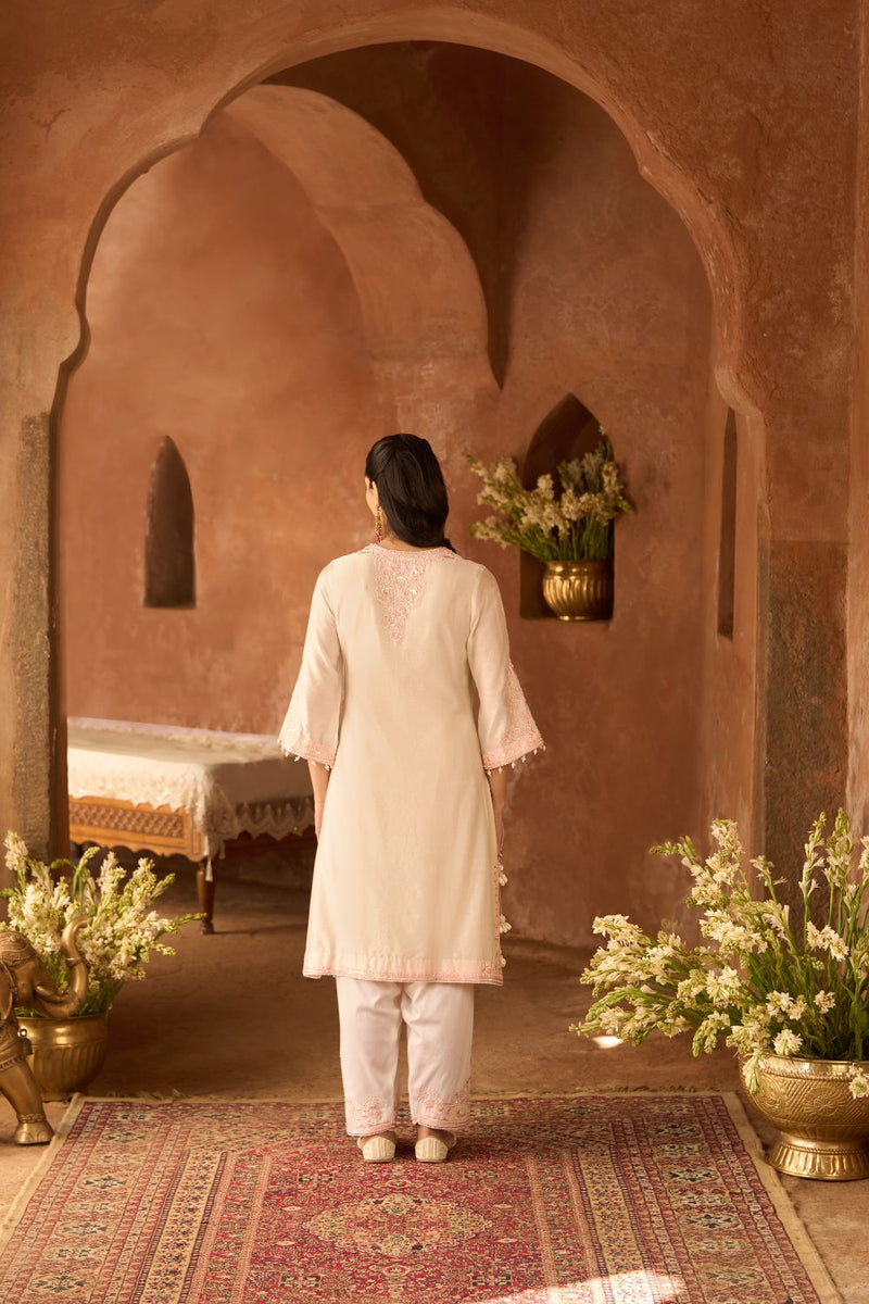 HANI - DAISY IVORY WITH PINK A-LINE KURTA WITH SALWAR AND DUPATTA silk organza kurta/kurta set by SHEETAL BATRA in daisy ivory with pink for women Worldwide