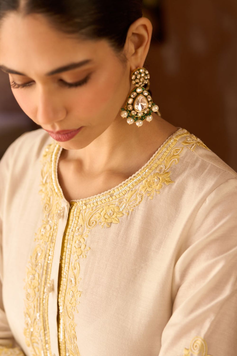 HANI - DAISY IVORY WITH LEMON YELLOW A-LINE KURTA WITH SALWAR AND DUPATTA silk organza kurta/kurta set by SHEETAL BATRA in daisy ivory with lemon yellow for women Worldwide