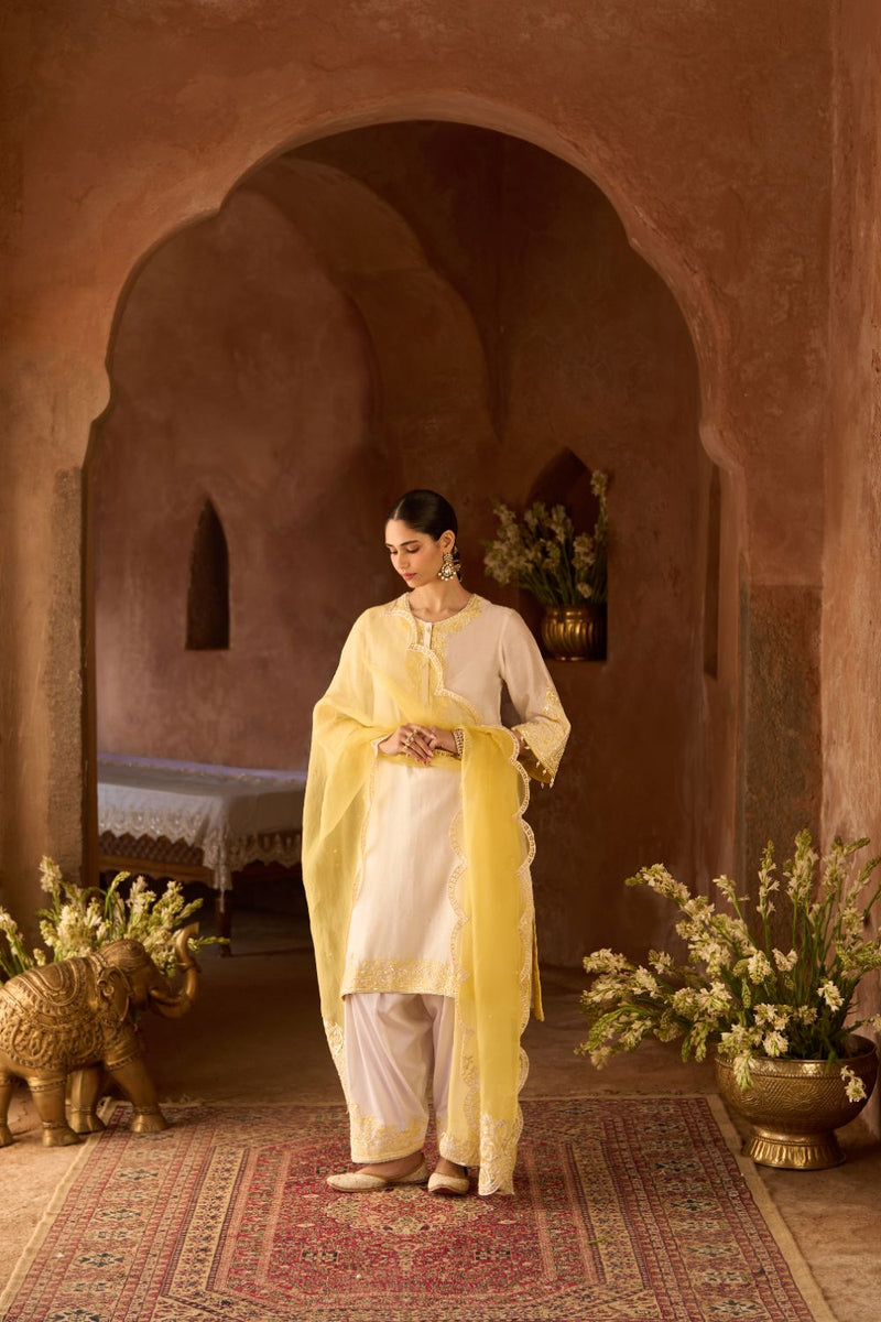 HANI - DAISY IVORY WITH LEMON YELLOW A-LINE KURTA WITH SALWAR AND DUPATTA silk organza kurta/kurta set by SHEETAL BATRA in daisy ivory with lemon yellow for women Worldwide