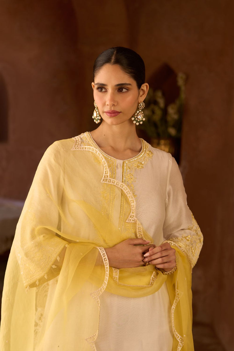 HANI - DAISY IVORY WITH LEMON YELLOW A-LINE KURTA WITH SALWAR AND DUPATTA silk organza kurta/kurta set by SHEETAL BATRA in daisy ivory with lemon yellow for women Worldwide