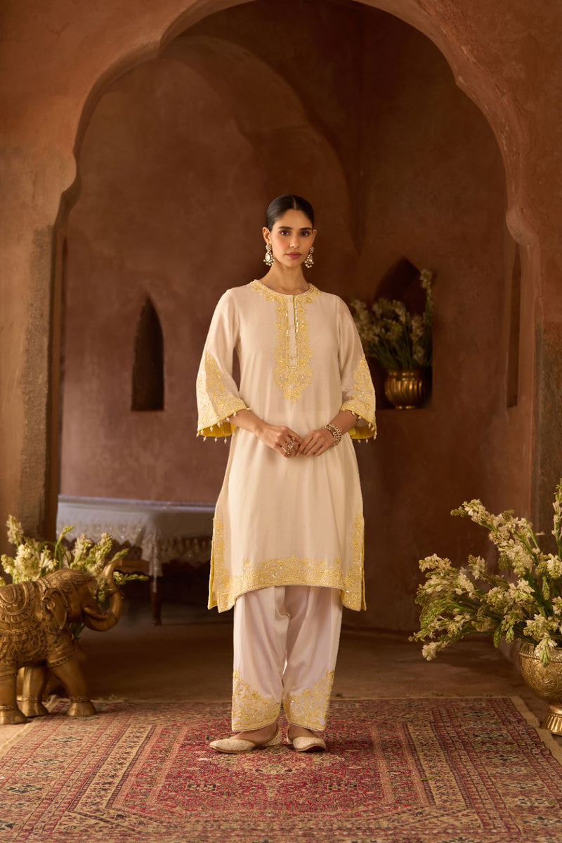 HANI - DAISY IVORY WITH LEMON YELLOW A-LINE KURTA WITH SALWAR AND DUPATTA silk organza kurta/kurta set by SHEETAL BATRA in daisy ivory with lemon yellow for women Worldwide