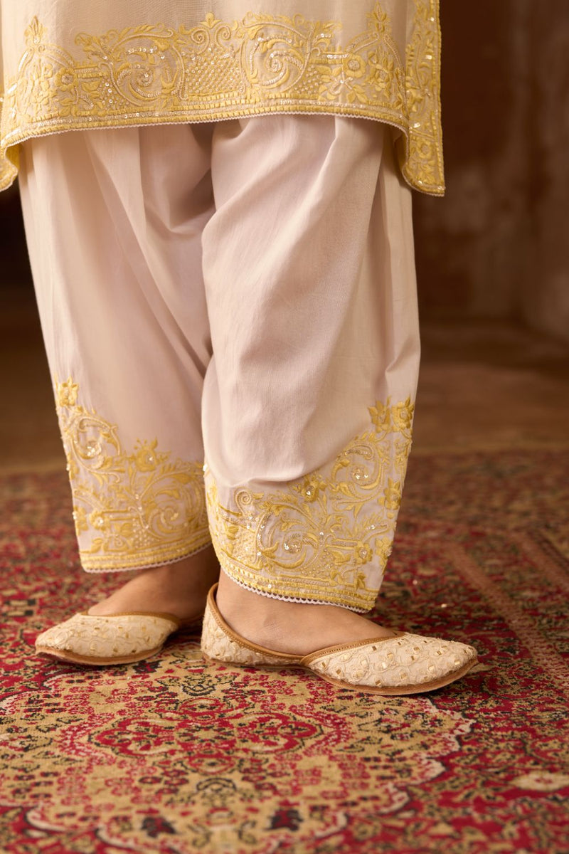 HANI - DAISY IVORY WITH LEMON YELLOW A-LINE KURTA WITH SALWAR AND DUPATTA silk organza kurta/kurta set by SHEETAL BATRA in daisy ivory with lemon yellow for women Worldwide