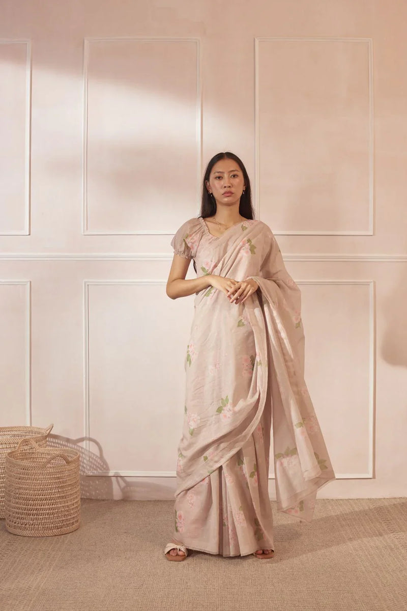 Hazari Mogra Handspun Cotton and Silk Sari silk by Nadiya Paar in brown color for women Worldwide