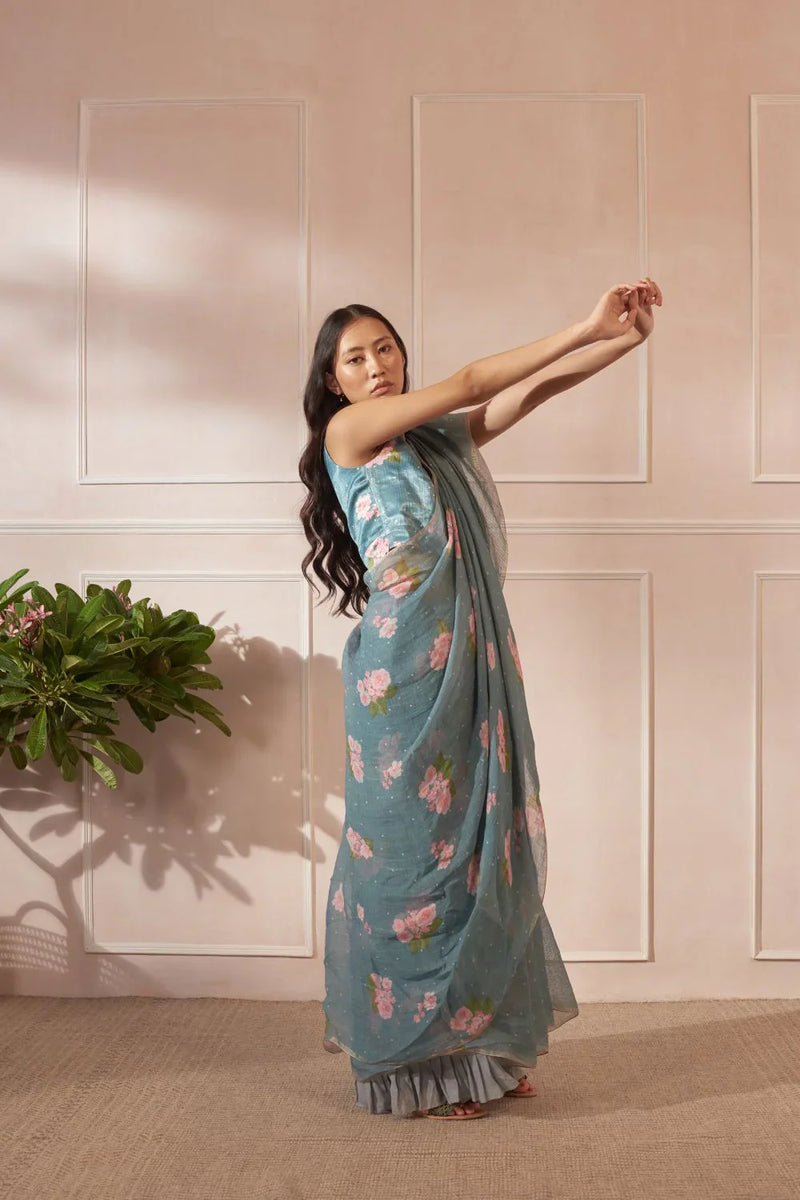 Hazari Mogra Linen Sari by Nadiya Paar in blue color for women Worldwide