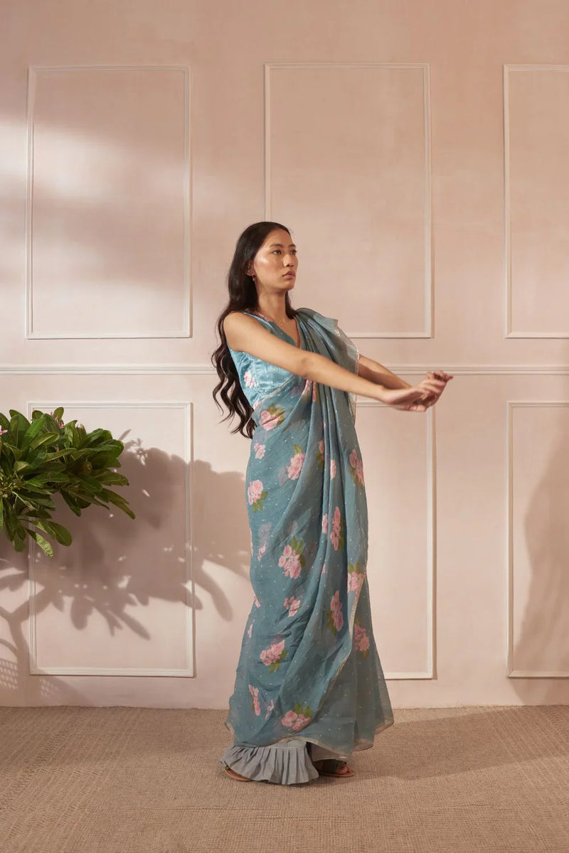 Hazari Mogra Linen Sari by Nadiya Paar in blue color for women Worldwide