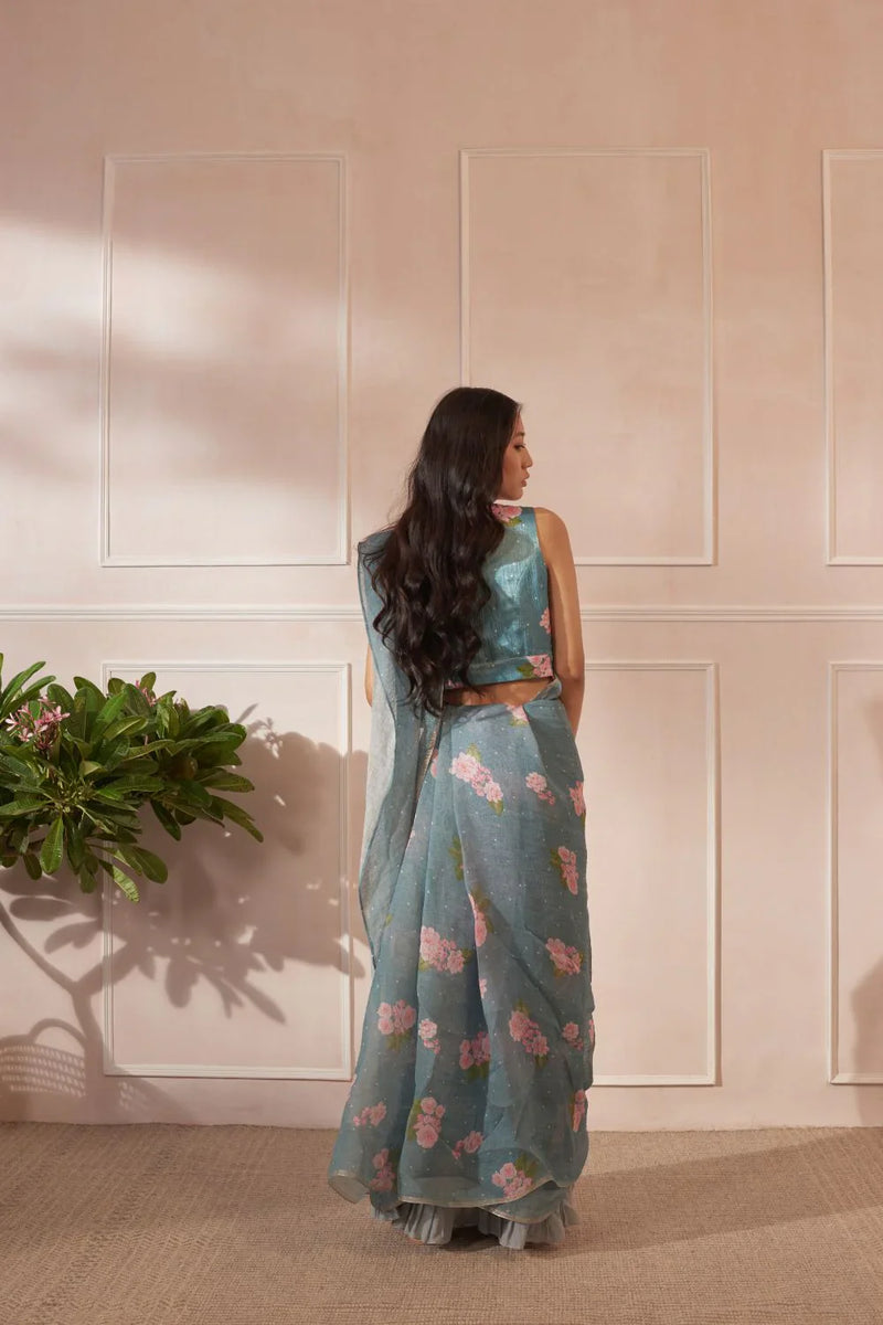 Hazari Mogra Linen Sari by Nadiya Paar in blue color for women Worldwide