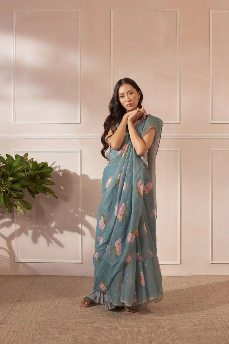 Hazari Mogra Linen Sari by Nadiya Paar in blue color for women Worldwide