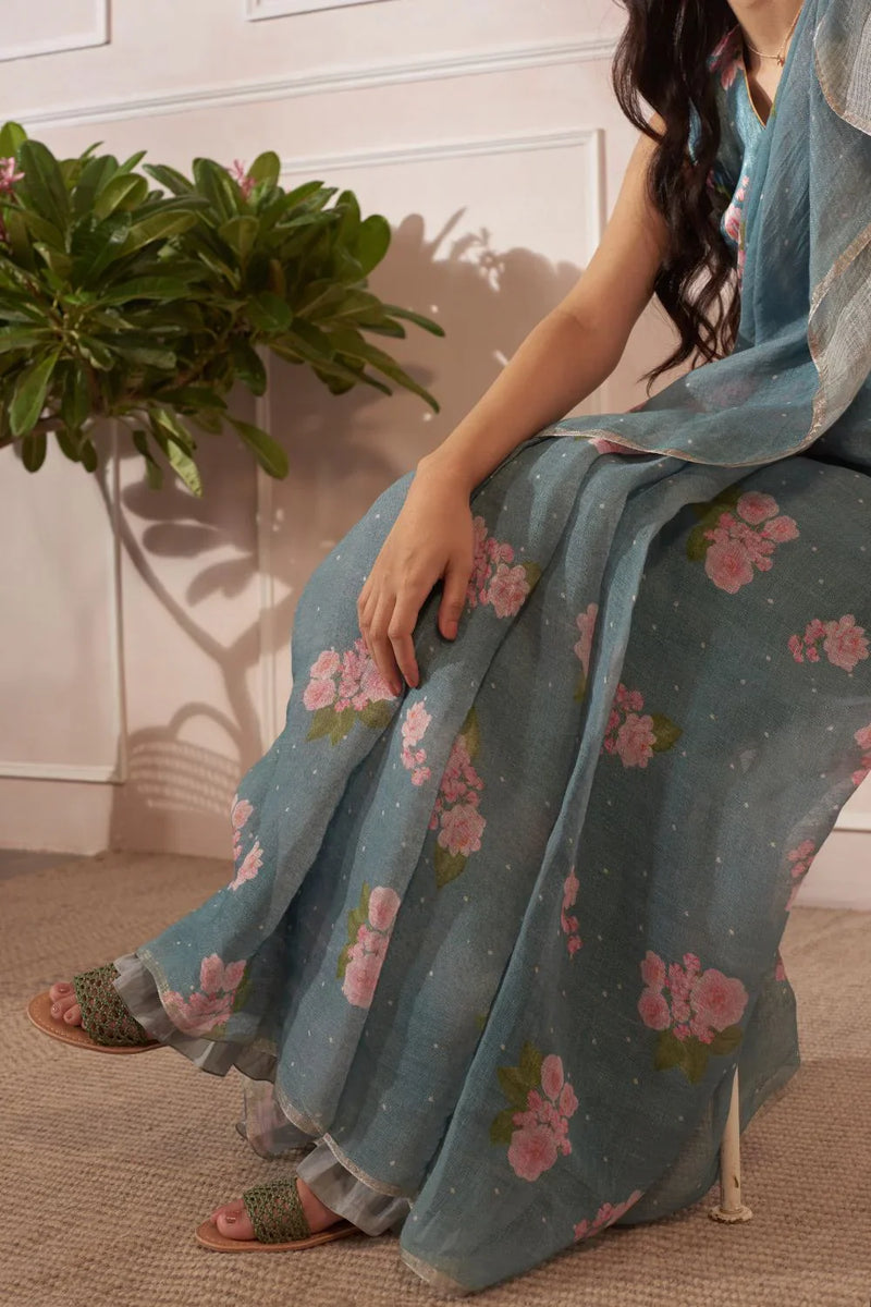 Hazari Mogra Linen Sari by Nadiya Paar in blue color for women Worldwide