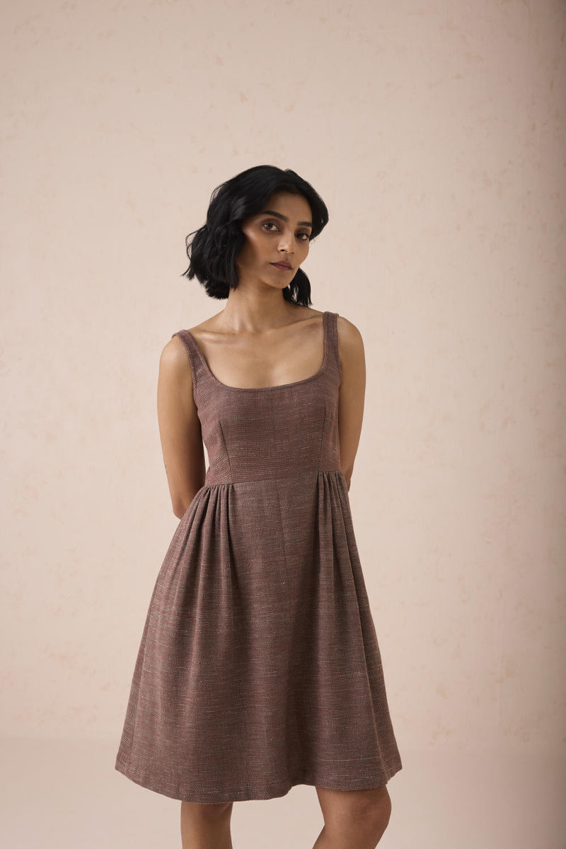 Hazel Sun Handspun Handwoven Organic Cotton Pleated Mini Dress cotton by SUI in brown color for women Worldwide