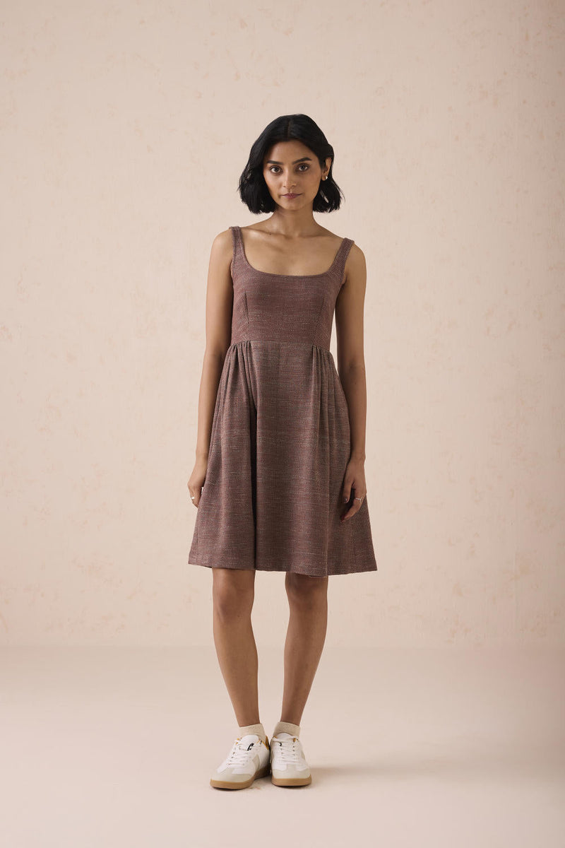Hazel Sun Handspun Handwoven Organic Cotton Pleated Mini Dress cotton by SUI in brown color for women Worldwide
