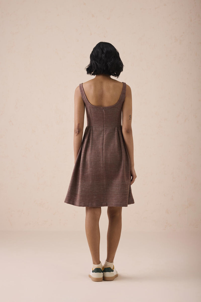 Hazel Sun Handspun Handwoven Organic Cotton Pleated Mini Dress cotton by SUI in brown color for women Worldwide