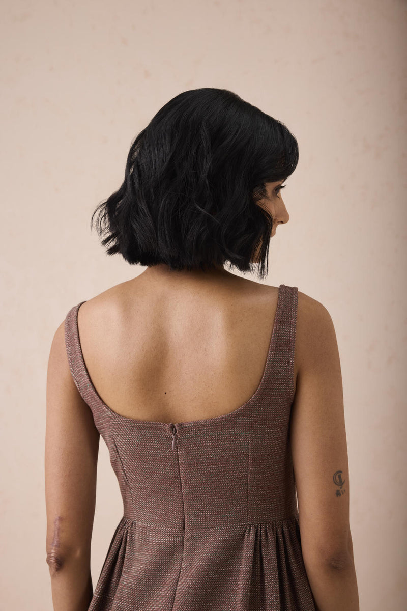 Hazel Sun Handspun Handwoven Organic Cotton Pleated Mini Dress cotton by SUI in brown color for women Worldwide