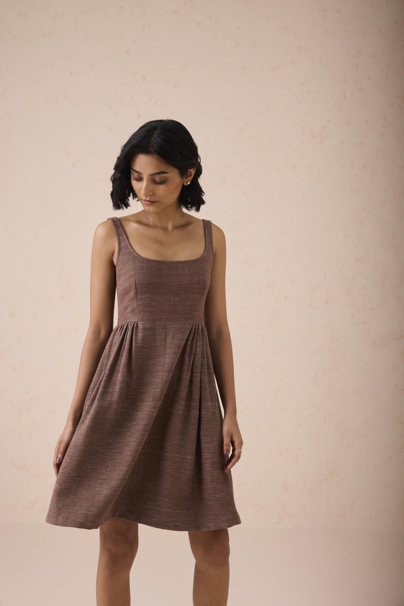 Hazel Sun Handspun Handwoven Organic Cotton Pleated Mini Dress cotton by SUI in brown color for women Worldwide